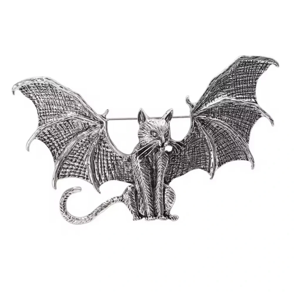 Vintage Wings Bat Cat Silver Brooch